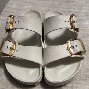 Birkenstock White Sandals with Gold Buckles